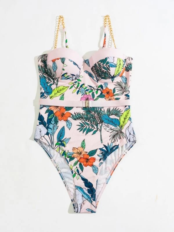 CM-SWS209454 Women Trendy Seoul Style Tropical Print Rib Underwire One Piece Swimsuit