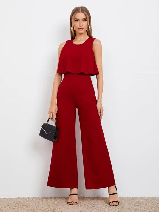 CM-JS214666 Women Elegant Seoul Style Sleeveless Wide Leg Foldover Jumpsuit - Wine Red