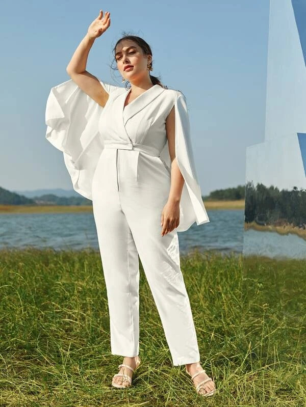 CM-JPS118972 Women Plus Size V-Neck Cloak Sleeve Pocket Front Cape Jumpsuit - White