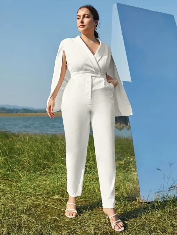 CM-JPS118972 Women Plus Size V-Neck Cloak Sleeve Pocket Front Cape Jumpsuit - White
