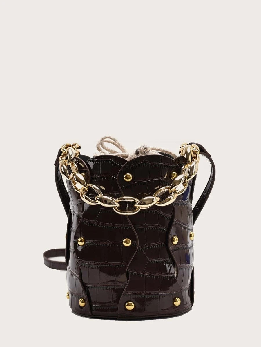 CM-BGS222534 Women Trendy Seoul Style Studded Decor Croc Embossed Bucket Bag