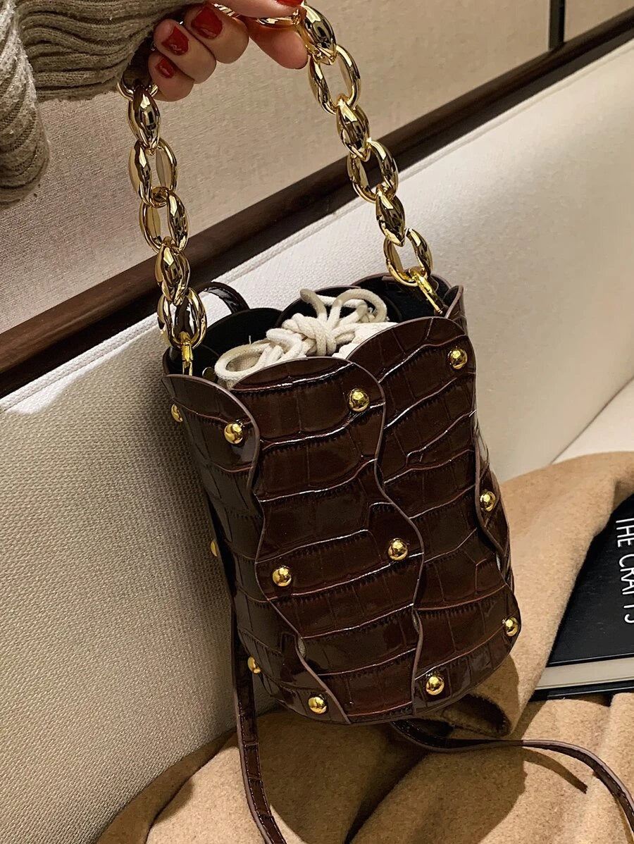 CM-BGS222534 Women Trendy Seoul Style Studded Decor Croc Embossed Bucket Bag