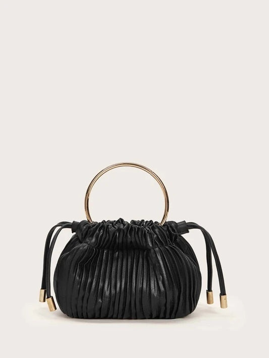 CM-BGS124452 Women Trendy Seoul Style Ring Handle Ruched Satchel Bag - Black