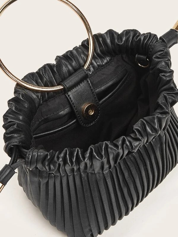 CM-BGS124452 Women Trendy Seoul Style Ring Handle Ruched Satchel Bag - Black
