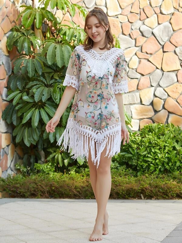 CM-SWS217923 Women Trendy Seoul Style Fringe Sheer Floral Embroidery Mesh Cover Up