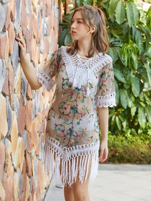 CM-SWS217923 Women Trendy Seoul Style Fringe Sheer Floral Embroidery Mesh Cover Up