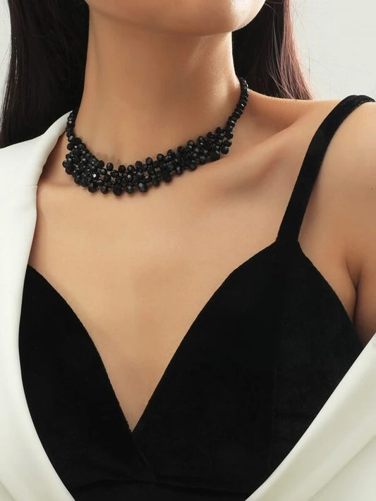 CM-AXS223453 Women Trendy Seoul Style Crystal Beaded Necklace - Black