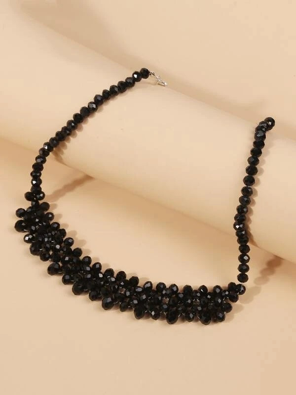 CM-AXS223453 Women Trendy Seoul Style Crystal Beaded Necklace - Black