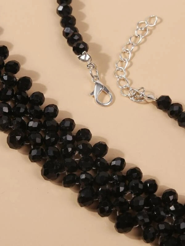 CM-AXS223453 Women Trendy Seoul Style Crystal Beaded Necklace - Black