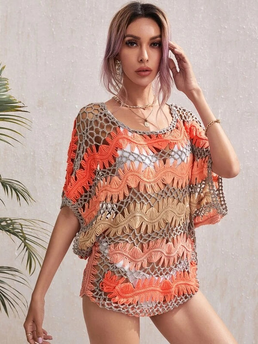 CM-SWS204234 Women Trendy Seoul Style Scoop Neck Crochet Cover Up