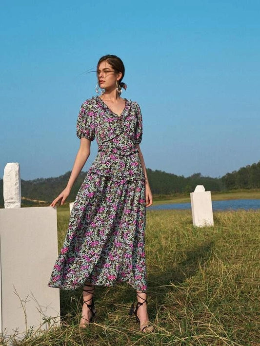 CM-DS109647 Women Trendy Bohemian Style Lantern Sleeve Frill Trim Ditsy Floral Dress