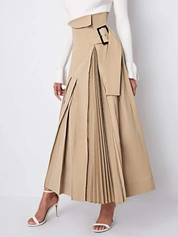 CM-BS212848 Women Elegant Seoul Style High Waist Buckle Strap Pleated Long Skirt - Khaki