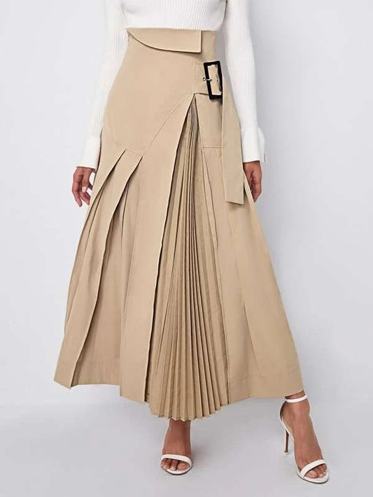 CM-BS212848 Women Elegant Seoul Style High Waist Buckle Strap Pleated Long Skirt - Khaki