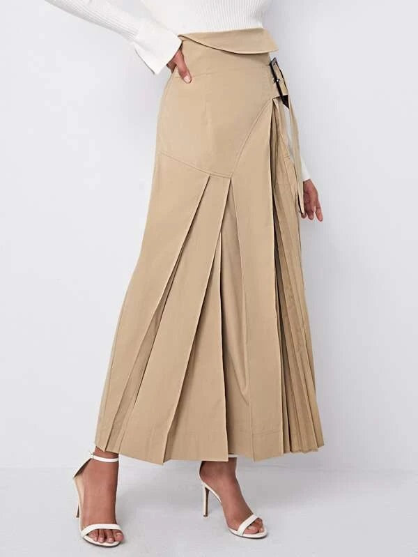 CM-BS212848 Women Elegant Seoul Style High Waist Buckle Strap Pleated Long Skirt - Khaki