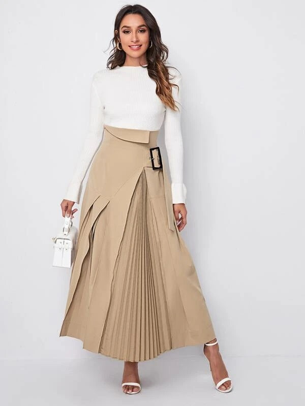 CM-BS212848 Women Elegant Seoul Style High Waist Buckle Strap Pleated Long Skirt - Khaki