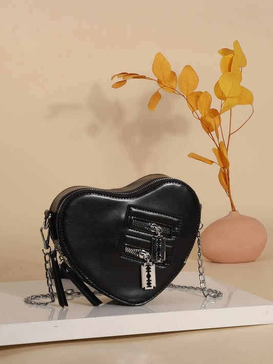 CM-BGS224568 Women Trendy Seoul Style Zipper Decor Heart Shaped Chain Bag - Black