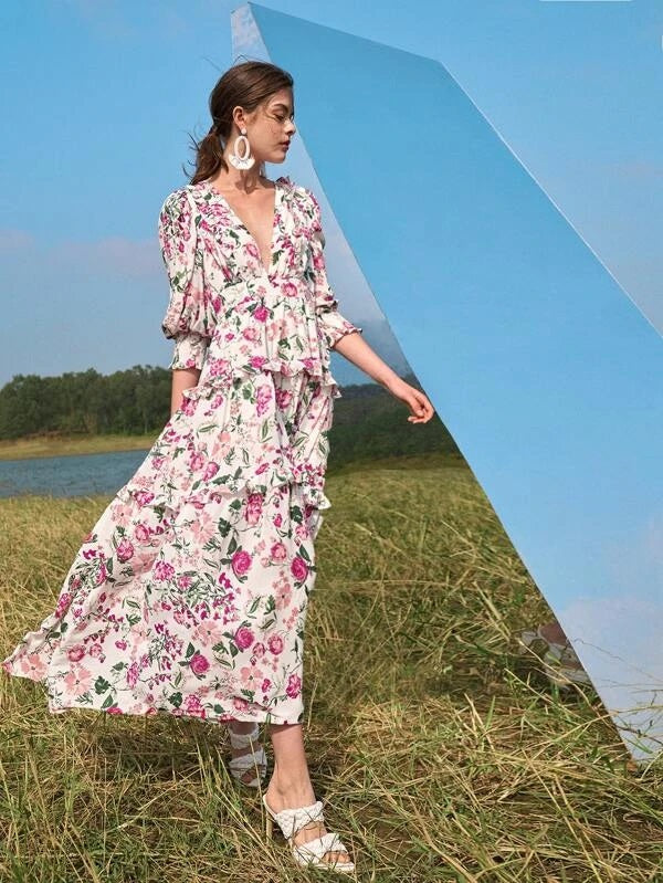CM-ES130506 Women Trendy Bohemian Style All Over Floral Plunging Layered Hem Dress