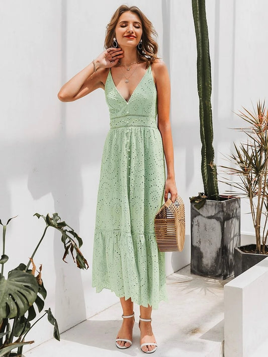 CM-ES224409 Women Elegant Seoul Style Button Front Eyelet Lace Insert Schiffy Cami Dress - Mint Green
