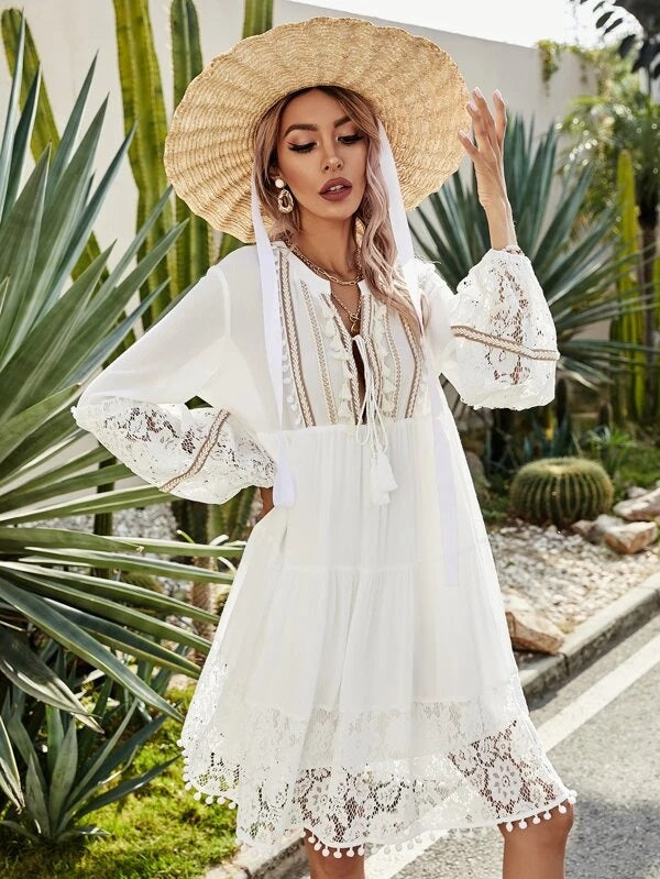 CM-DS207303 Women Trendy Bohemian Style Solid Contrast Lace Tie Front Babydoll Dress - White