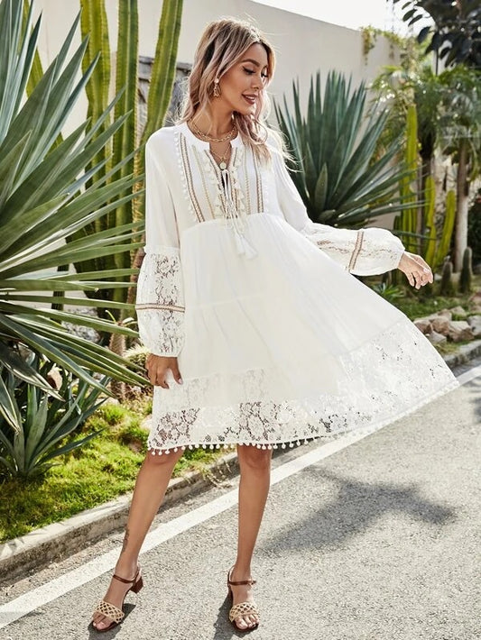 CM-DS207303 Women Trendy Bohemian Style Solid Contrast Lace Tie Front Babydoll Dress - White