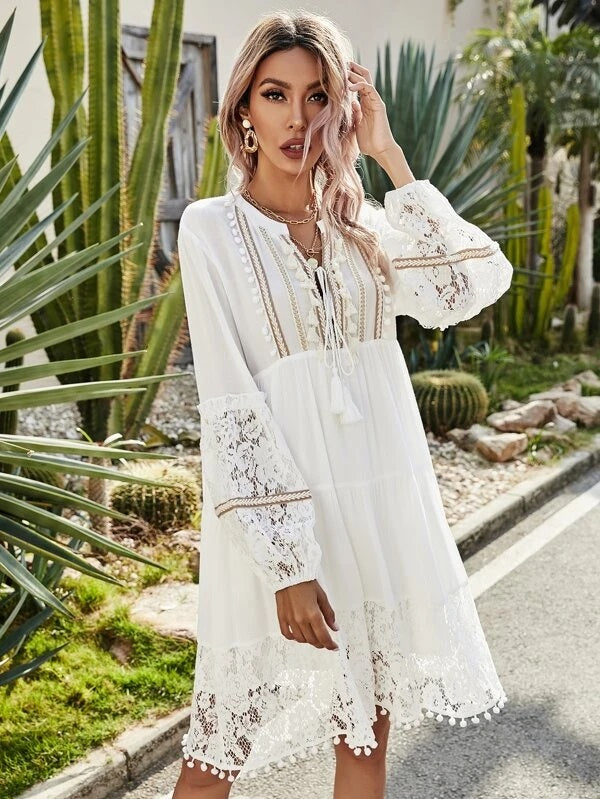 CM-DS207303 Women Trendy Bohemian Style Solid Contrast Lace Tie Front Babydoll Dress - White