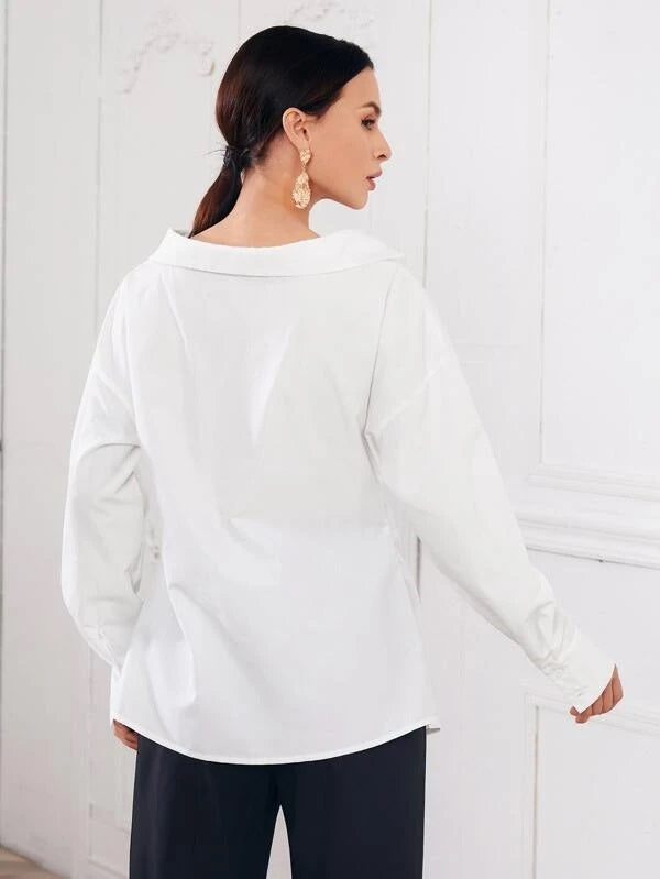 CM-TS205254 Women Elegant Seoul Style V-Collar Drop Shoulder Twist Front Solid Top - White