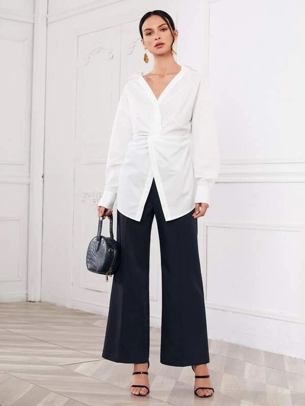 CM-TS205254 Women Elegant Seoul Style V-Collar Drop Shoulder Twist Front Solid Top - White