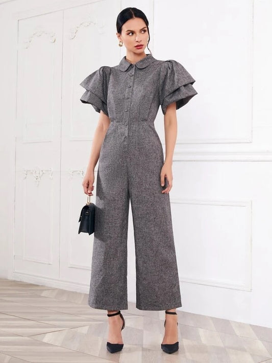 CM-JS222670 Women Elegant Seoul Style Butterfly Sleeve Linen Look Palazzo Jumpsuit - Dark Gray