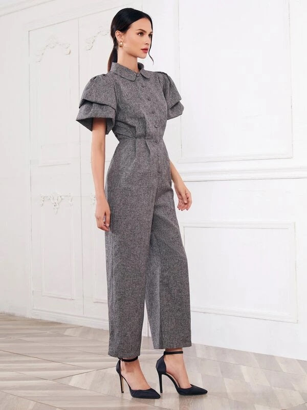 CM-JS222670 Women Elegant Seoul Style Butterfly Sleeve Linen Look Palazzo Jumpsuit - Dark Gray
