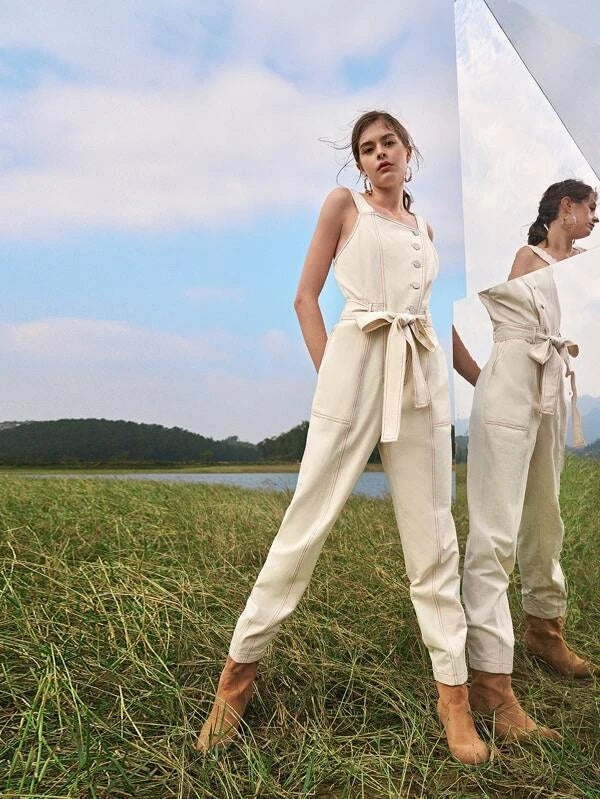 CM-JS120297 Women Trendy Bohemian Style Stitch Button Placket Belted Overall Jumpsuit - Beige