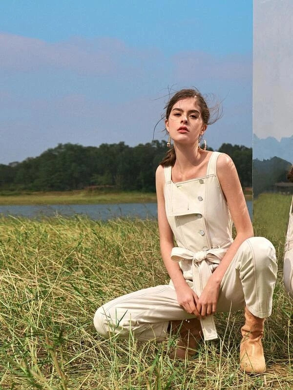 CM-JS120297 Women Trendy Bohemian Style Stitch Button Placket Belted Overall Jumpsuit - Beige