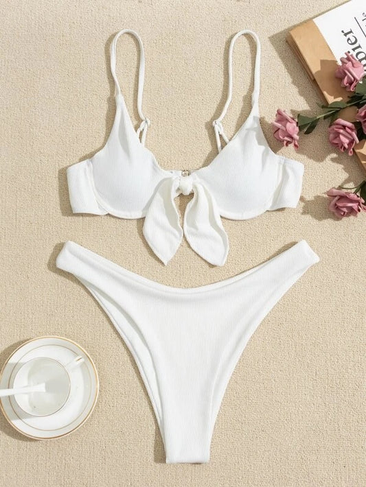 CM-SWS121172 Women Trendy Seoul Style Rib Knot Front Underwire Bikini Swimsuit - White