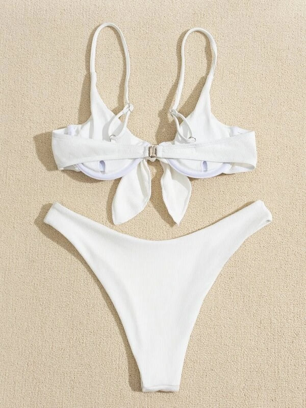 CM-SWS121172 Women Trendy Seoul Style Rib Knot Front Underwire Bikini Swimsuit - White
