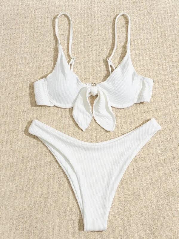 CM-SWS121172 Women Trendy Seoul Style Rib Knot Front Underwire Bikini Swimsuit - White