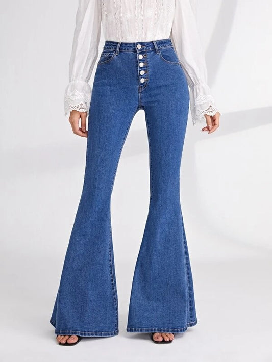 CM-BS205619 Women Casual Seoul Style Medium Wash High Waist Button Fly Flare Leg Jeans