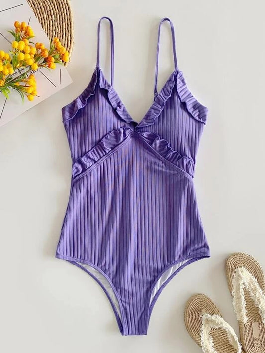 CM-SWS116424 Women Trendy Seoul Style Rib Ruffle Trim One Piece Swimsuit - Purple
