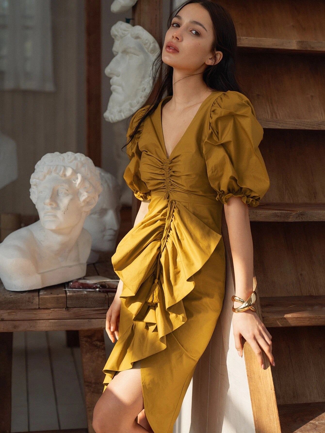 CM-ES128336 Women Elegant Seoul Style V-Neck Puff Sleeve Ruched Slim Fit Dress - Mustard Yellow