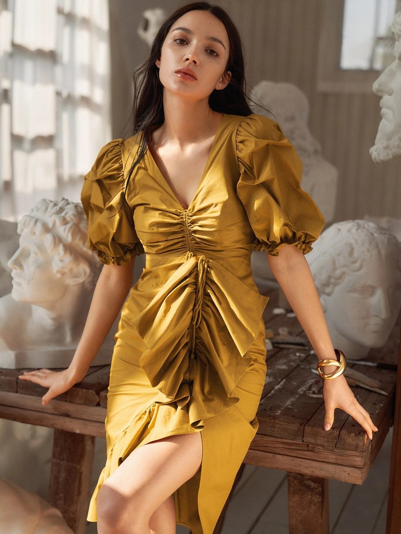 CM-ES128336 Women Elegant Seoul Style V-Neck Puff Sleeve Ruched Slim Fit Dress - Mustard Yellow