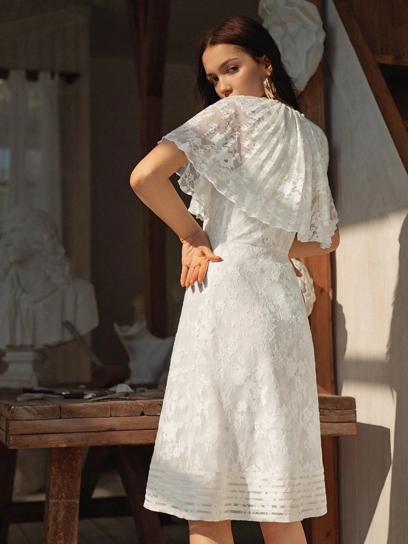 CM-ES208623 Women Elegant Seoul Style Round Neck Lace Pleated Cape Dress - White