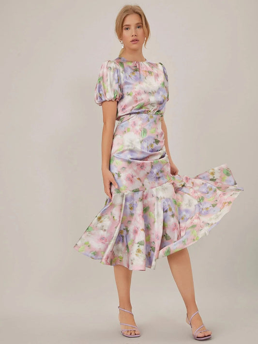 CM-ES030864 Women Elegant Seoul Style Satin Round Neck Puff Sleeve Gathered Dress