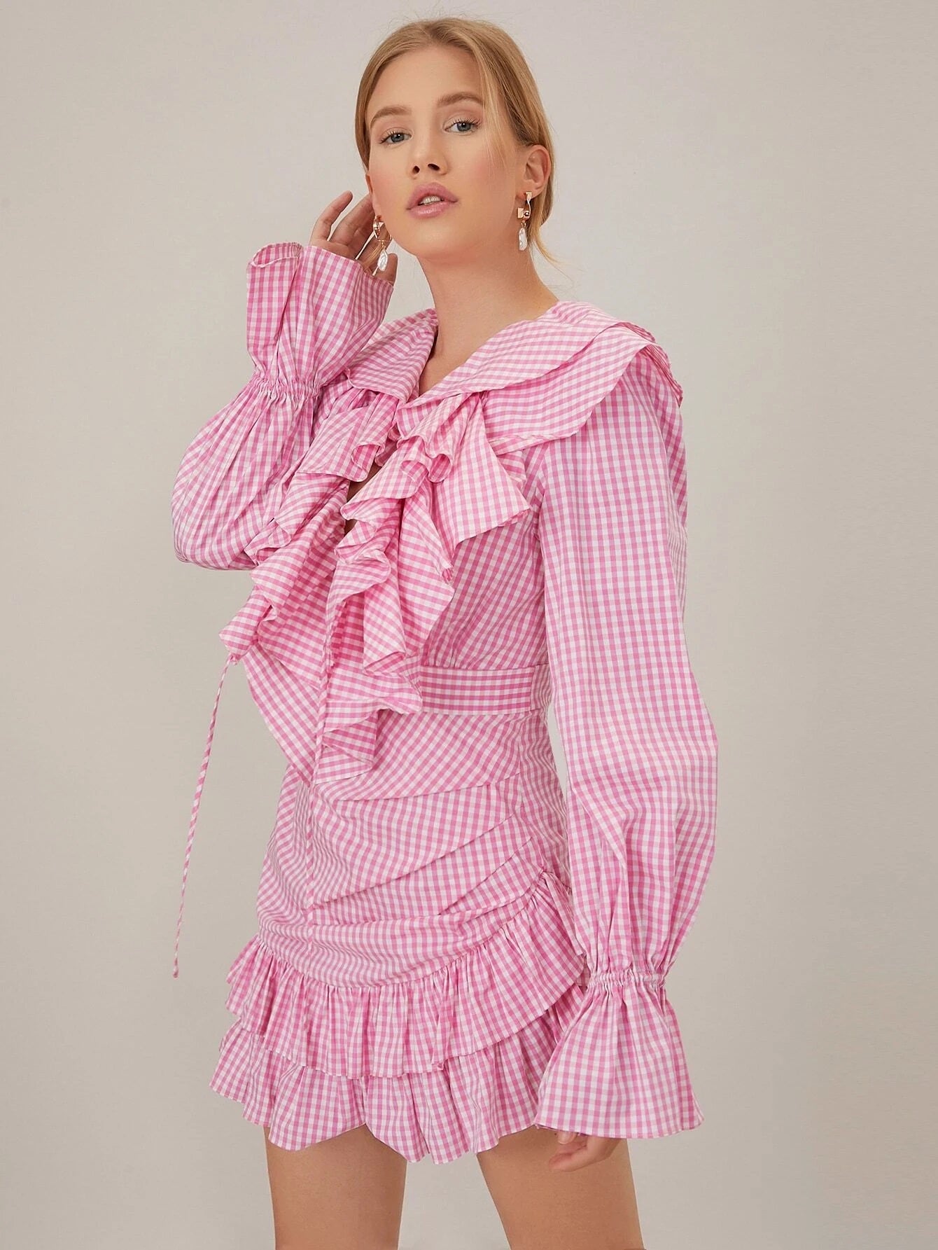 CM-ES030090 Women Elegant Seoul Style Long Sleeve Asymmetrical Layered Ruffle Dress - Pink