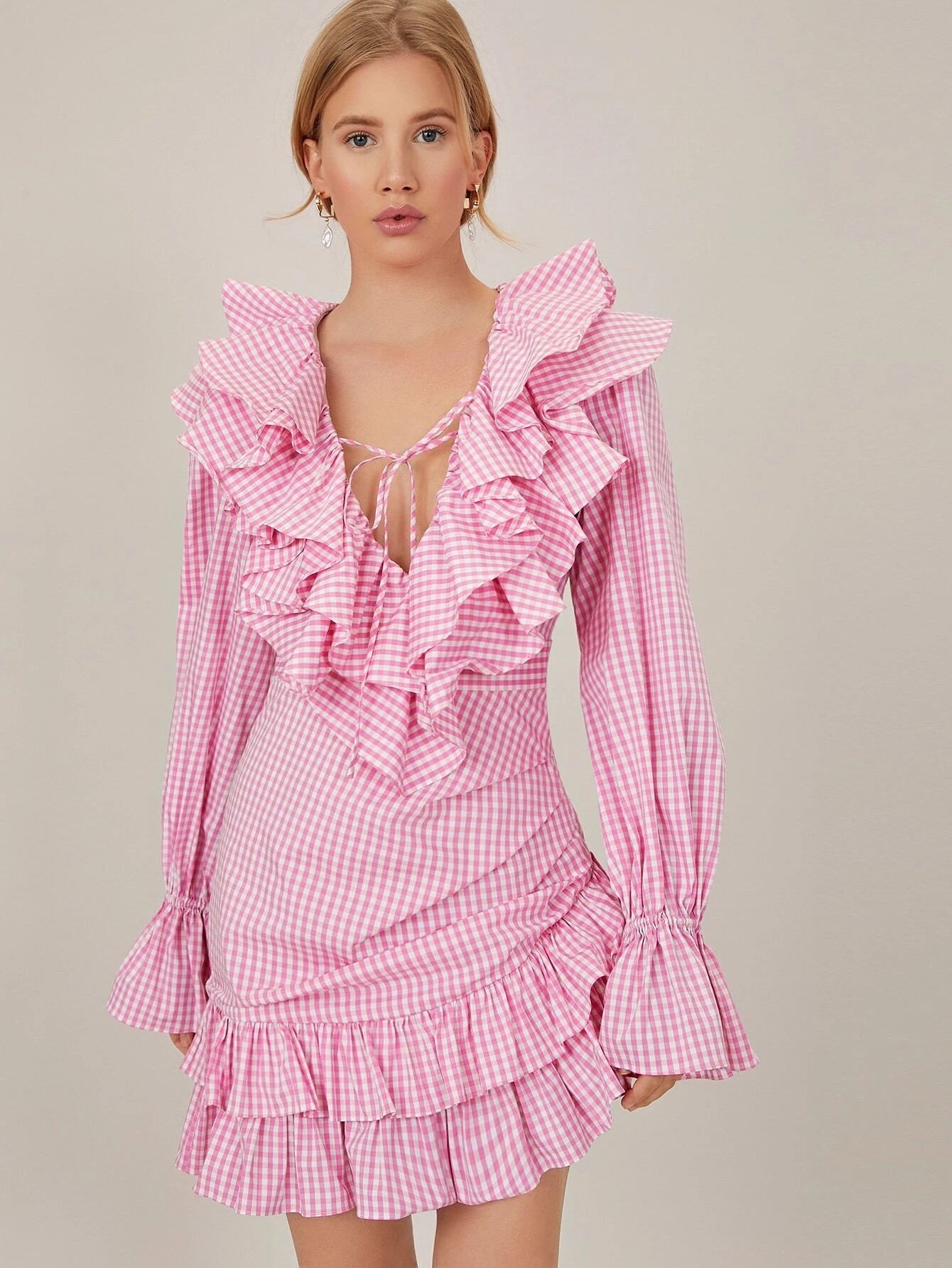 CM-ES030090 Women Elegant Seoul Style Long Sleeve Asymmetrical Layered Ruffle Dress - Pink