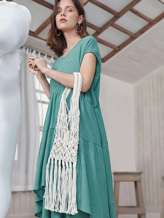 CM-BGS127405 Women Trendy Bohemian Style Fringe Decor Woven Shoulder Bag - White