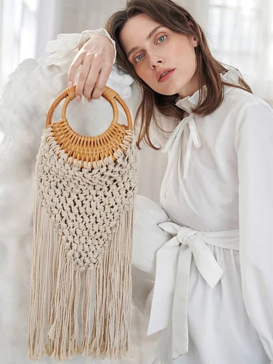 CM-BGS123265 Women Trendy Bohemian Style Fringe Decor Braided Satchel Bag - White