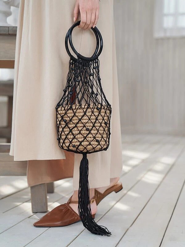 CM-BGS111395 Women Trendy Bohemian Style Ring Handle Hollow Out Satchel Bag - Black