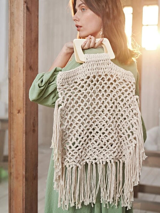 CM-BGS127803 Women Trendy Bohemian Style Fringe Decor Woven Tote Bag - Apricot