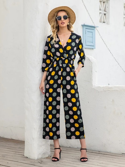 CM-JS218806 Women Casual Seoul Style Polka Dot Surplice Front Shirred Waist Culotte Jumpsuit