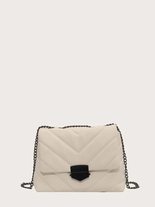 CM-BGS104146 Women Trendy Seoul Style Chevron Flap Chain Shoulder Bag - Beige