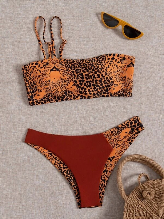 CM-SWS224563 Women Trendy Seoul Style Leopard Cut-Out Bikini Swimsuit - Brown