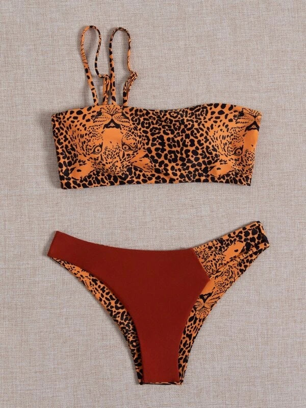 CM-SWS224563 Women Trendy Seoul Style Leopard Cut-Out Bikini Swimsuit - Brown